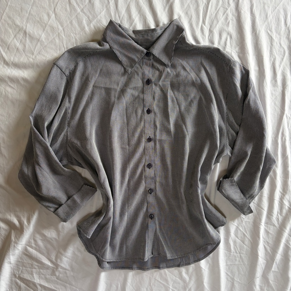 Blue Tiny Plaid Button Down Lightweight Blouse